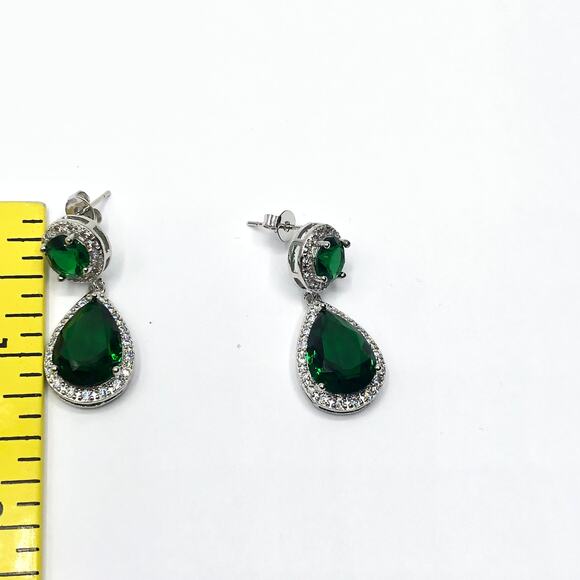 Women's Drop Dangle Emerald Simulated Silver Tone Earrings - Picture 8 of 10